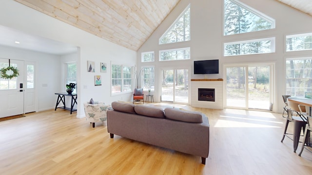 living area featuring healthy amount of natural light, wood finished floors, high vaulted ceiling, a fireplace, and wood ceiling