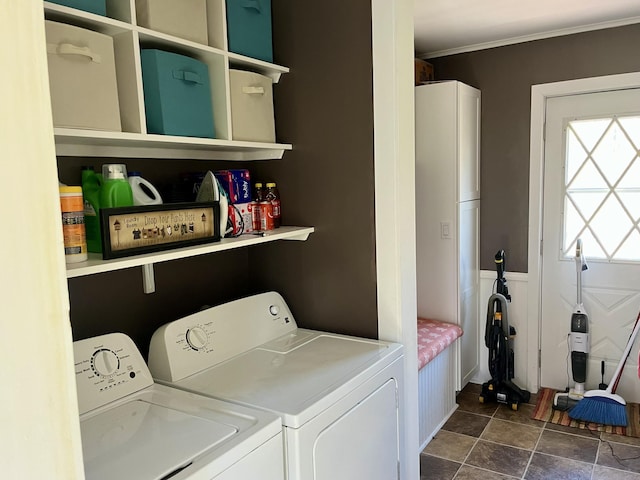 5 Mayo St, Caribou, ME 04736 - washroom featuring independent washer and dryer, crown molding, and dark stone finish floors