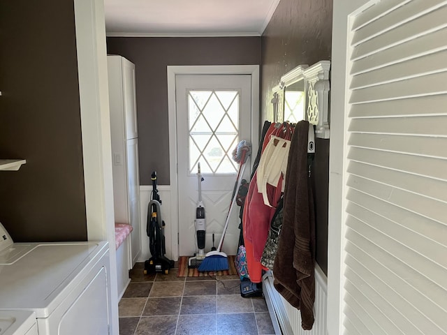 5 Mayo St, Caribou, ME 04736 - laundry room with washing machine and clothes dryer, cabinet space, and ornamental molding
