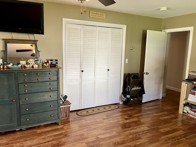 5 Mayo St, Caribou, ME 04736 - bedroom featuring wood finished floors, a closet, baseboards, and ceiling fan