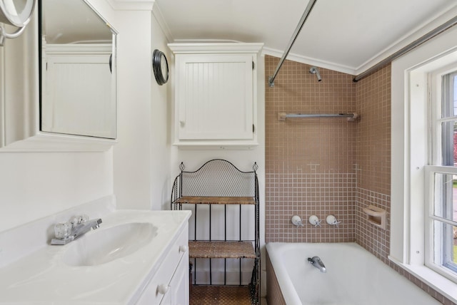 378 Pool St, Biddeford, ME 04005 - full bathroom with crown molding, shower / bathtub combination, and vanity