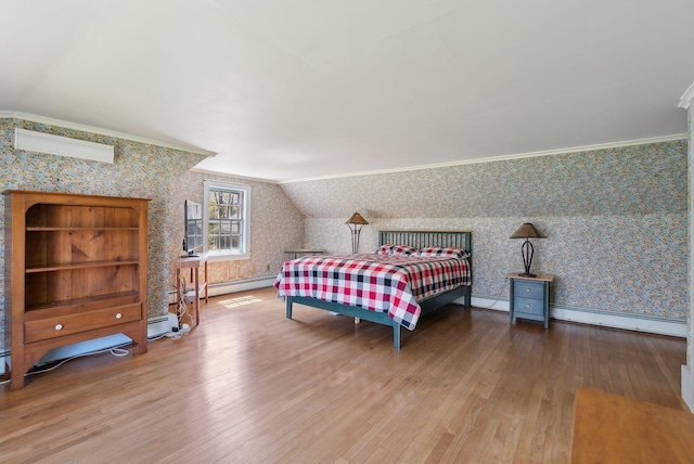 378 Pool St, Biddeford, ME 04005 - bedroom featuring wallpapered walls, wood-type flooring, crown molding, a baseboard heating unit, and baseboards