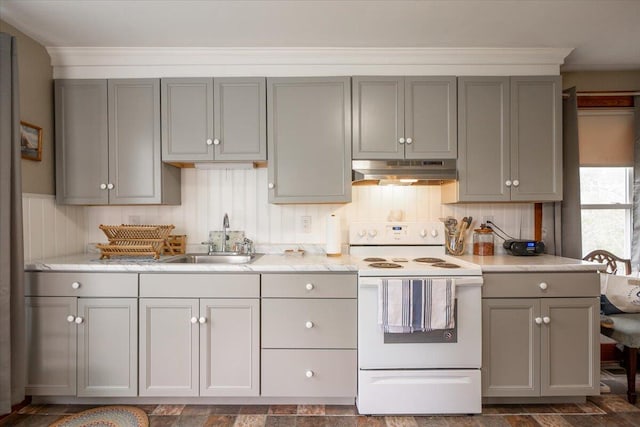 127 Harbor Rd, Friendship, ME 04547 - kitchen featuring white electric range oven, gray cabinetry, a sink, under cabinet range hood, and dark stone finish flooring