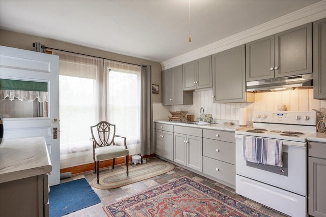 127 Harbor Rd, Friendship, ME 04547 - kitchen featuring white electric stove, under cabinet range hood, gray cabinets, a sink, and light countertops