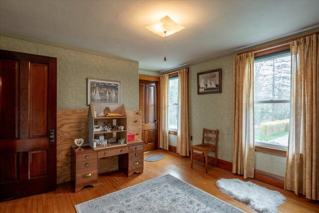 127 Harbor Rd, Friendship, ME 04547 - office area featuring light wood-style flooring and wallpapered walls