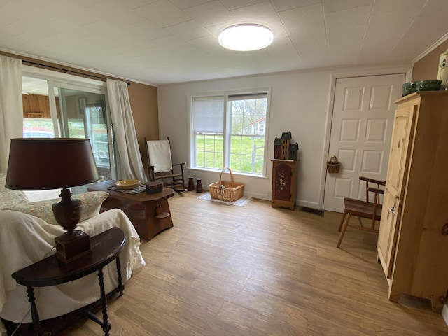 living room featuring light wood-style flooring and ornamental molding