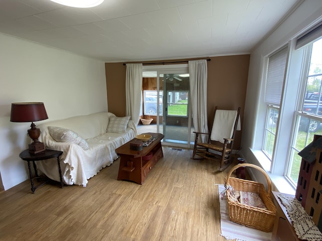 living area with light wood-style floors, healthy amount of natural light, and ornamental molding