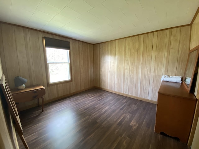 empty room with dark wood finished floors, wooden walls, and baseboards