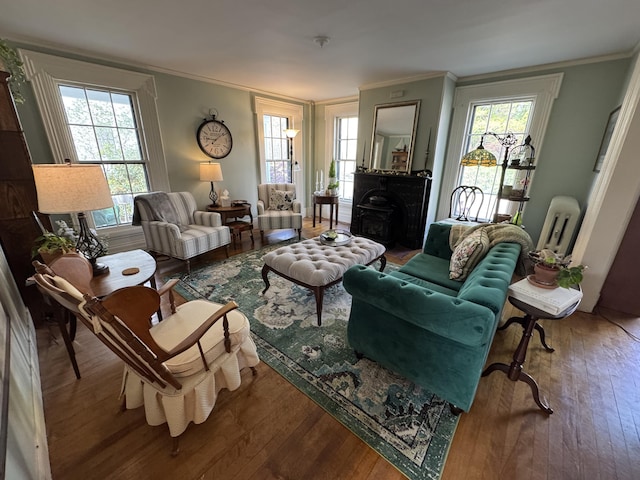 969 Washington St, Bath, ME 04530 - living area with hardwood / wood-style flooring, ornamental molding, and a fireplace