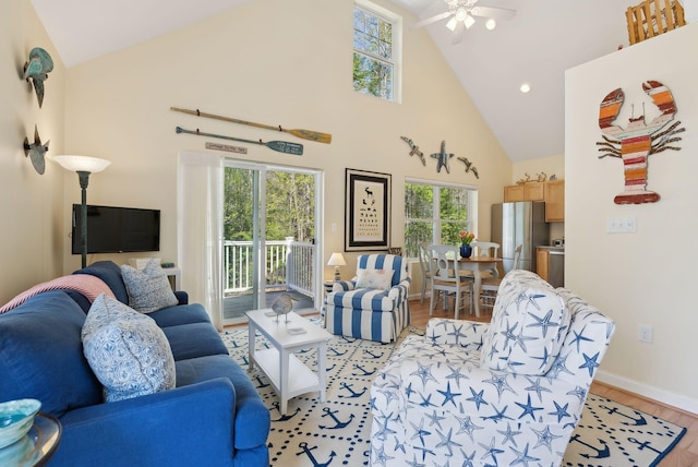 272 Mills Rd Unit 17, Kennebunkport, ME 04046 - living area featuring high vaulted ceiling, baseboards, a ceiling fan, light wood-style flooring, and recessed lighting