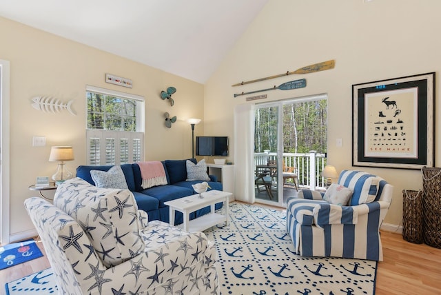 272 Mills Rd Unit 17, Kennebunkport, ME 04046 - living room featuring high vaulted ceiling, light wood-type flooring, and healthy amount of natural light