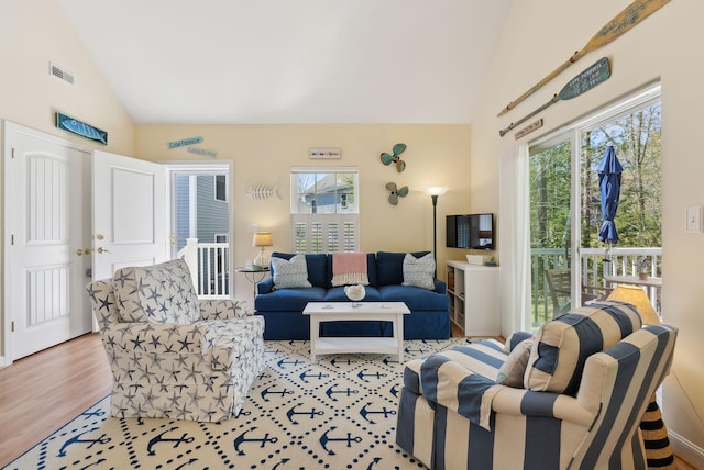 272 Mills Rd Unit 17, Kennebunkport, ME 04046 - living room featuring high vaulted ceiling and wood finished floors