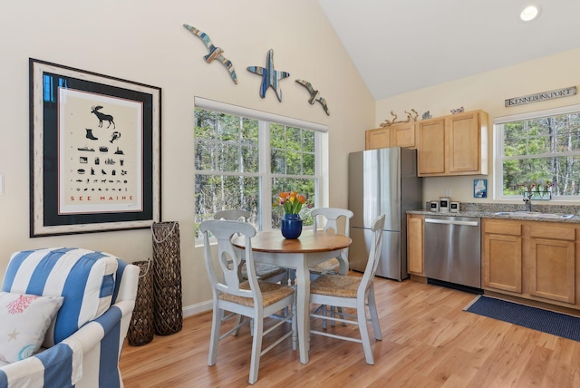 272 Mills Rd Unit 17, Kennebunkport, ME 04046 - kitchen featuring appliances with stainless steel finishes, light wood finished floors, a sink, light stone countertops, and high vaulted ceiling