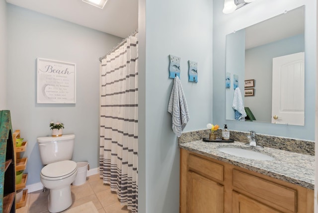 272 Mills Rd Unit 17, Kennebunkport, ME 04046 - full bath with toilet, tile patterned flooring, vanity, curtained shower, and baseboards