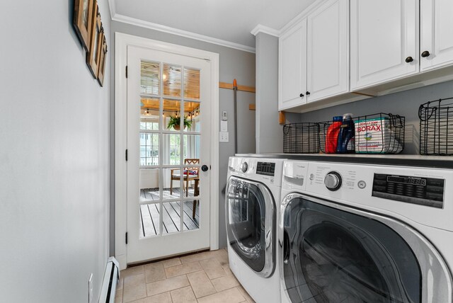 70 Summer St, Kennebunk, ME 04043 - washroom with washing machine and clothes dryer, cabinet space, baseboard heating, and crown molding
