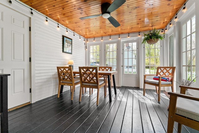70 Summer St, Kennebunk, ME 04043 - sunroom / solarium featuring french doors, rail lighting, wood-type flooring, and wood ceiling