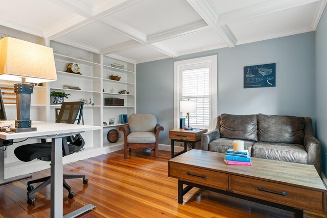 70 Summer St, Kennebunk, ME 04043 - home office featuring coffered ceiling, wood finished floors, beam ceiling, baseboards, and crown molding
