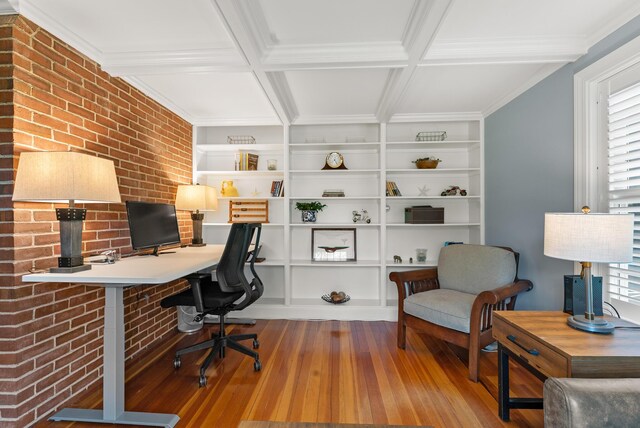 70 Summer St, Kennebunk, ME 04043 - office with wood finished floors, plenty of natural light, built in features, beam ceiling, and brick wall