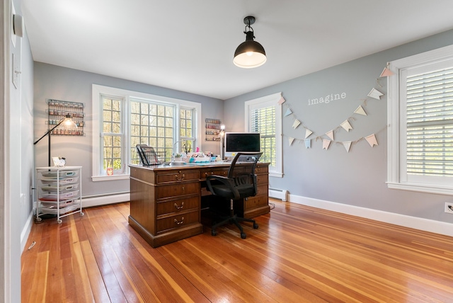 70 Summer St, Kennebunk, ME 04043 - home office with a baseboard heating unit, hardwood / wood-style floors, baseboard heating, and baseboards