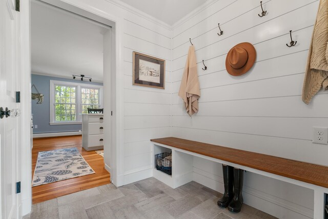 70 Summer St, Kennebunk, ME 04043 - mudroom with a baseboard radiator, baseboards, ornamental molding, and wood finished floors