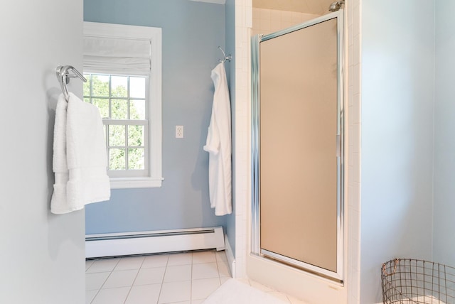 70 Summer St, Kennebunk, ME 04043 - full bath featuring baseboard heating, a stall shower, and tile patterned floors