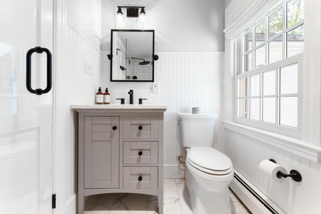 70 Summer St, Kennebunk, ME 04043 - bathroom featuring toilet, walk in shower, marble finish floors, a baseboard heating unit, and a decorative wall
