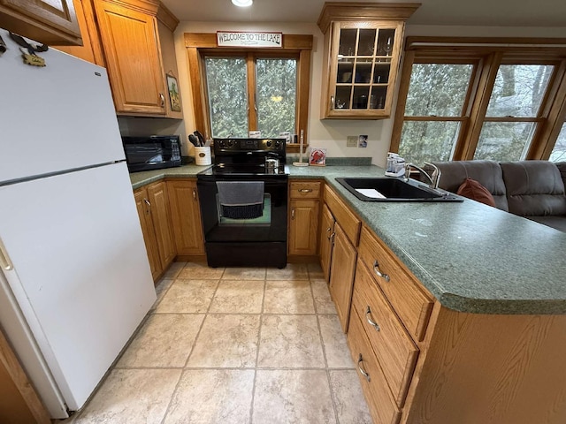 102 Hills Pt, Union, ME 04862 - kitchen with black appliances, a sink, a peninsula, glass insert cabinets, and light stone finish floors