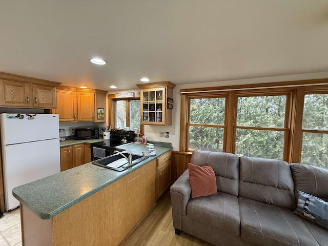 102 Hills Pt, Union, ME 04862 - kitchen featuring freestanding refrigerator, black microwave, open floor plan, a peninsula, and healthy amount of natural light