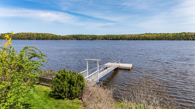 dock area featuring a water view and fence