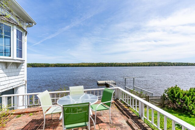 wooden terrace featuring a water view