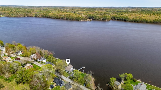 aerial view of residential area with a forest and a nearby body of water