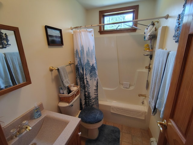 bathroom featuring toilet, shower / bathtub combination with curtain, stone finish flooring, vanity, and a baseboard radiator