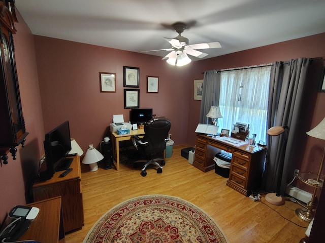 office space featuring ceiling fan and light wood finished floors
