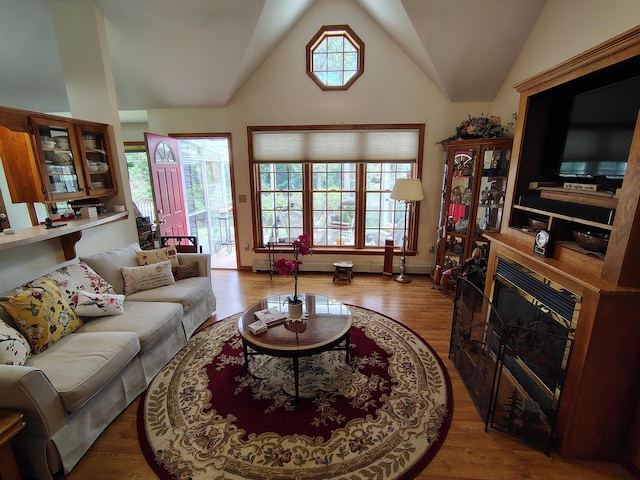 living room with vaulted ceiling, wood finished floors, and a glass covered fireplace