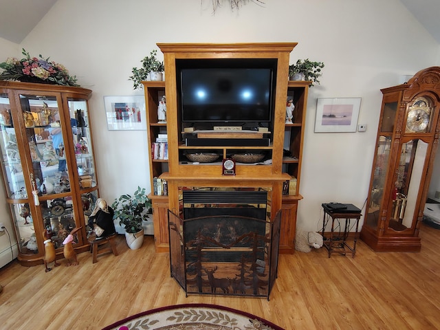 living room featuring wood finished floors and vaulted ceiling