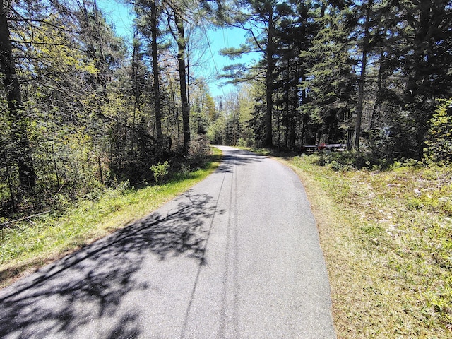 view of asphalt street featuring a forest view