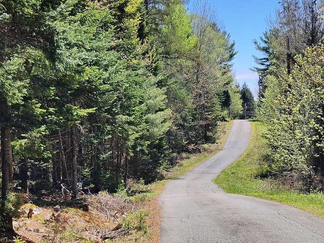 view of street featuring a wooded view