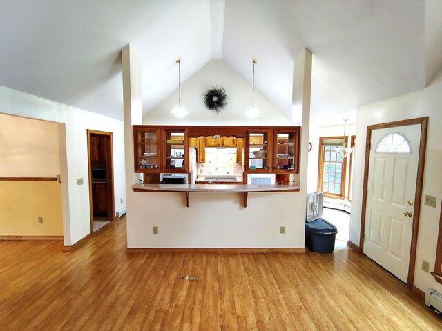 100 Weber Ln, Calais, ME 04619 - entrance foyer with light wood-style floors, vaulted ceiling, and a baseboard radiator