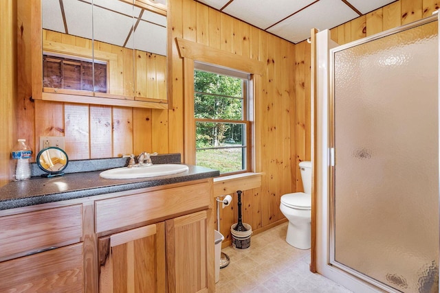 567 Phinney Farm Rd, Lincoln, ME 04457 - bathroom featuring wood walls, toilet, a shower stall, vanity, and tile patterned floors