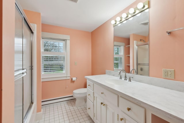 7 Clubhouse Dr, Kennebunk, ME 04043 - full bathroom with a baseboard heating unit, a shower with shower door, tile patterned floors, and baseboards