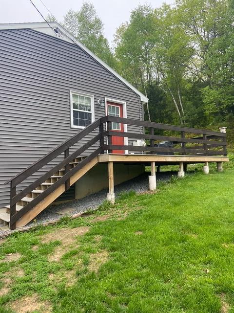 20 Oak Ridge Dr, Chelsea, ME 04330 - wooden terrace featuring stairs and a lawn