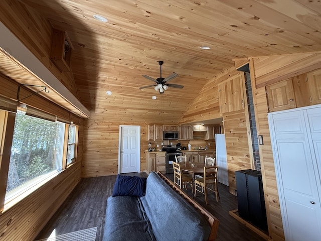 living room with wood walls, wood ceiling, dark wood-style flooring, a ceiling fan, and recessed lighting