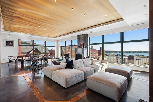 547 Congress St Unit 6, Portland, ME 04101 - living room with a wall of windows, a tray ceiling, and wood ceiling