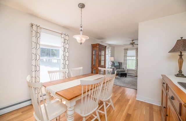 626 Wiscasset Rd, Pittston, ME 04345 - dining space with light wood-type flooring, a baseboard radiator, ceiling fan, and baseboards