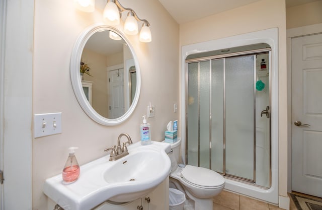 626 Wiscasset Rd, Pittston, ME 04345 - full bathroom featuring a shower stall, vanity, toilet, and tile patterned floors