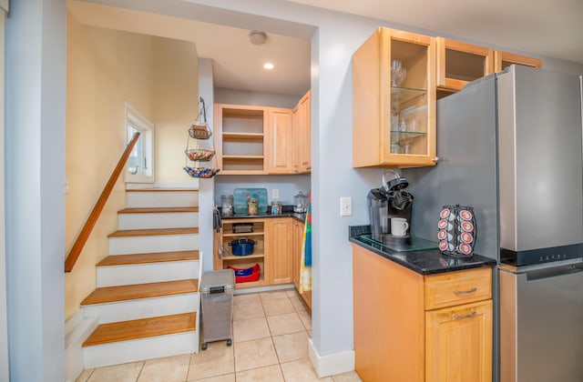 626 Wiscasset Rd, Pittston, ME 04345 - kitchen featuring open shelves, recessed lighting, freestanding refrigerator, glass insert cabinets, and light tile patterned floors