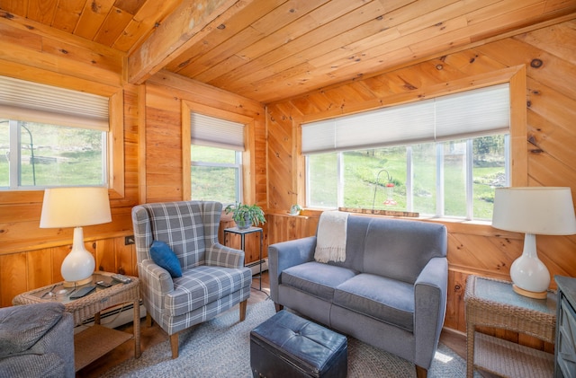 626 Wiscasset Rd, Pittston, ME 04345 - living area featuring wooden ceiling, plenty of natural light, wood walls, and a baseboard radiator