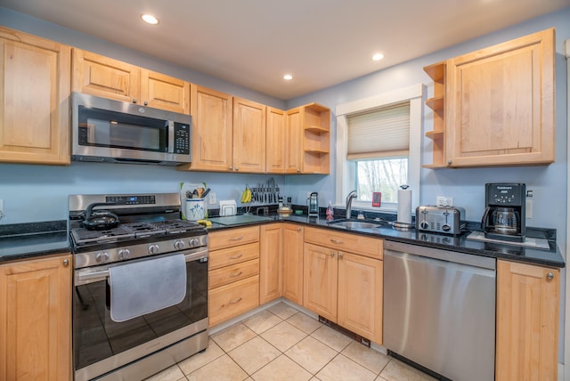626 Wiscasset Rd, Pittston, ME 04345 - kitchen with stainless steel appliances, open shelves, a sink, light brown cabinets, and recessed lighting
