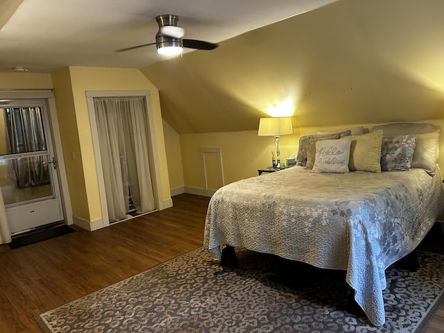 626 Wiscasset Rd, Pittston, ME 04345 - bedroom with wood finished floors, vaulted ceiling, and ceiling fan