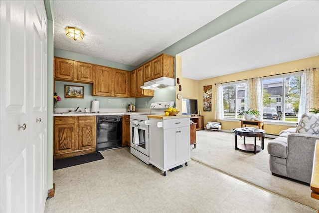 18 Ocean St Unit 72, South Portland, ME 04106 - kitchen featuring dishwasher, electric range, under cabinet range hood, open floor plan, and light countertops